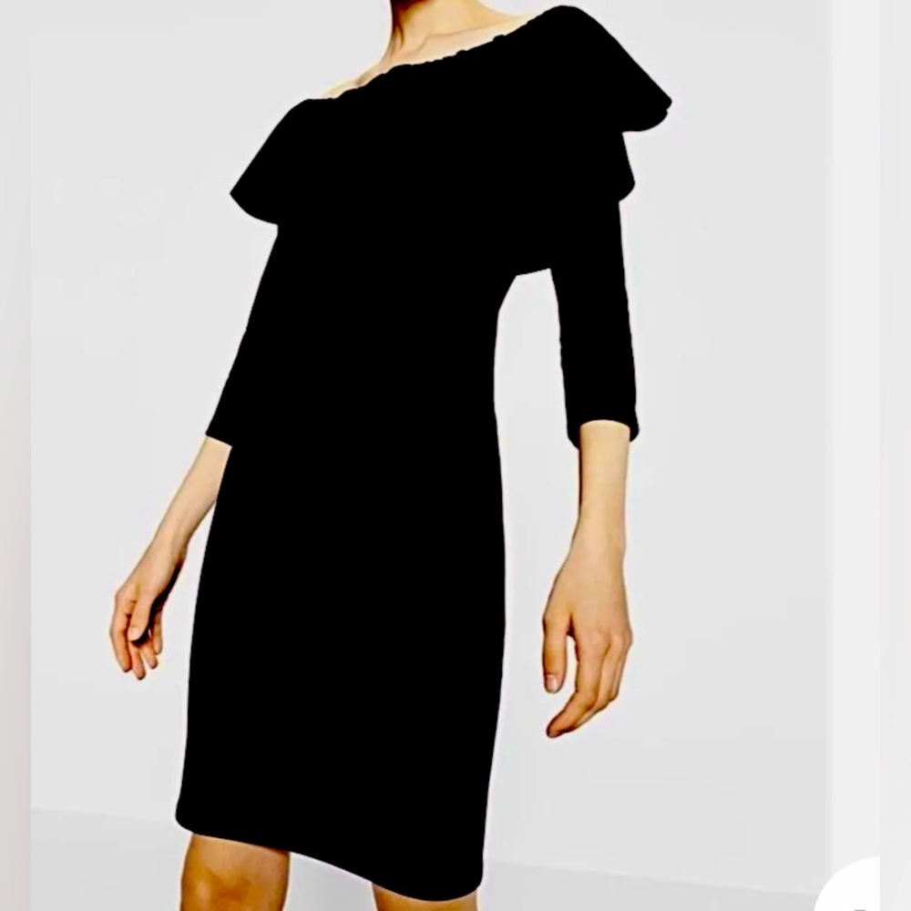 Zara Black Ruffle Scoop Back Fitted Knit Dress Size L